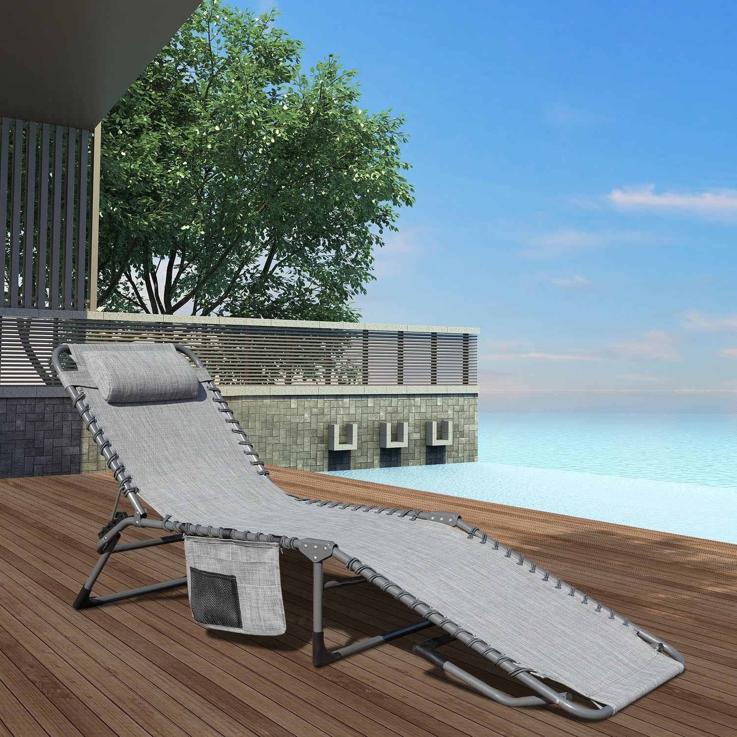 Foldable Patio Chaise Lounge Chair for Outdoor with Detachable Pocket and Pillow, Portable Adjustable Sun Lounger Recliner for Beach, Camping and Pool Doba grey